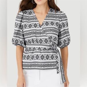 NWT Ann Taylor Dobby Puff Sleeve Embroidered Wrap Top Size MP Petite